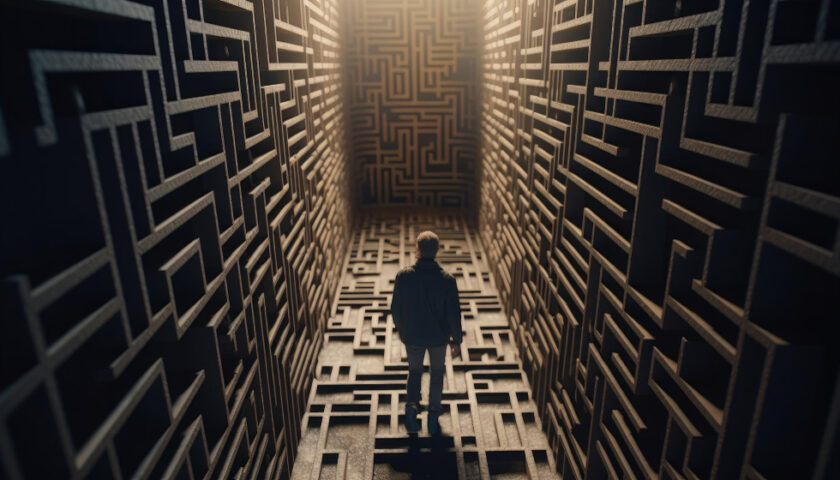 un homme marchant dans un labyrinthe